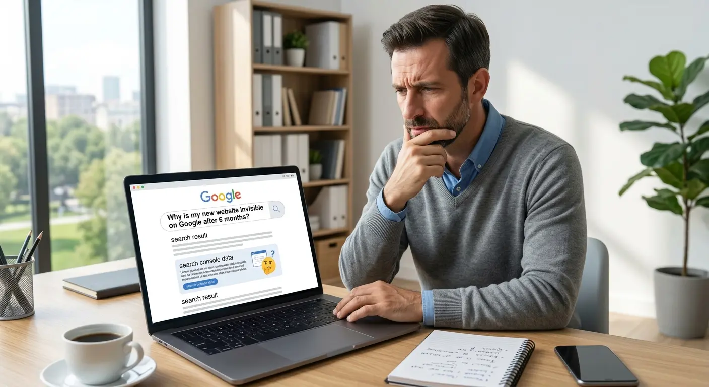 Un dirigeant perplexe devant une recherche Google : pourquoi son site reste invisible six mois après sa mise en ligne